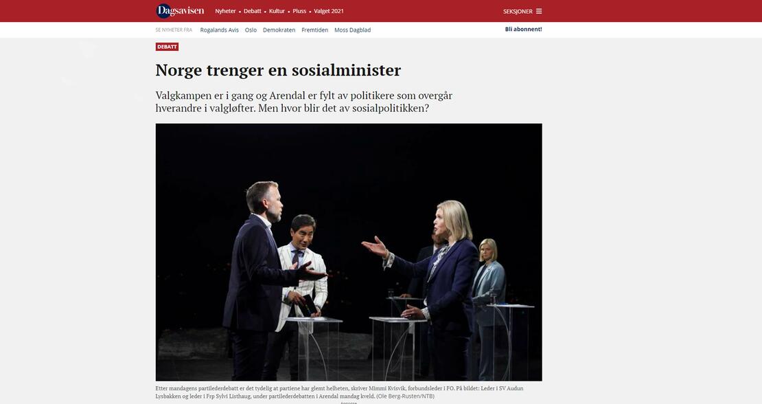 SOSIALPOLITIKK: FO-leder Mimmi Kvisvik skrev hovedinnlegg i Dagsavisen om hvorfor Norge trenger en egen minister for sosialpolitikk Skjermdump