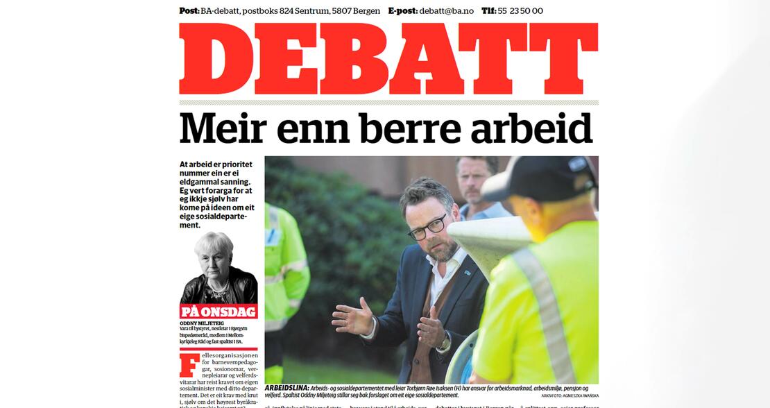 ODDNY MILJETEIG: Den tidligere SV-nestlederen er utdannet sosionom og mangeårig medlem av FO. Hun støtter kravet om en egen sosialminister. Oddny i BA