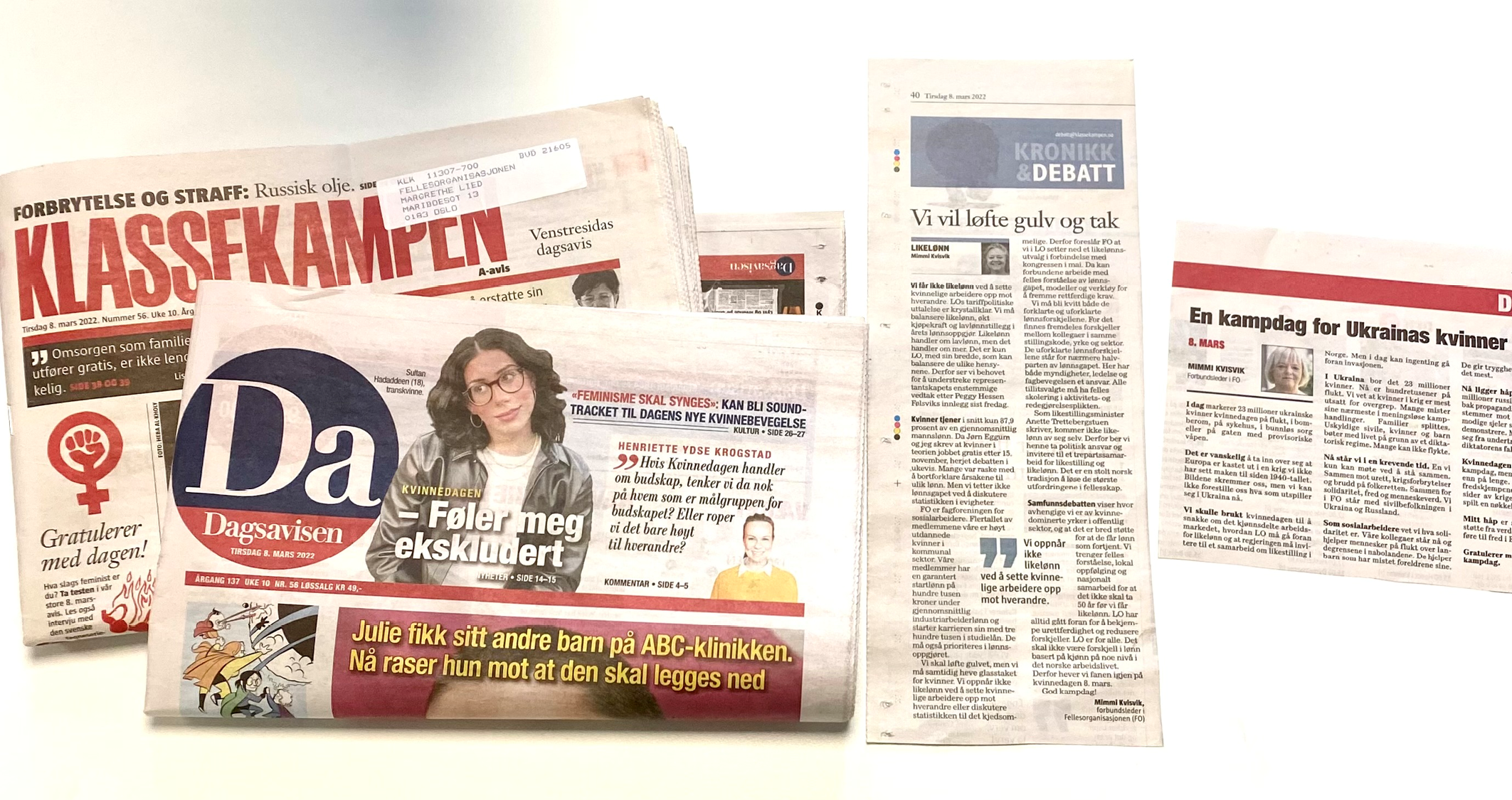 MENING: I Klassekampen skrev FO-leder Mimmi Kvisvik om hvordan LO må gå foran for å sikre likelønn. I Dagsavisen snakket hun om behovet for internasjonal solidaritet med Ukrainas kvinner. Kvisvik i avisen